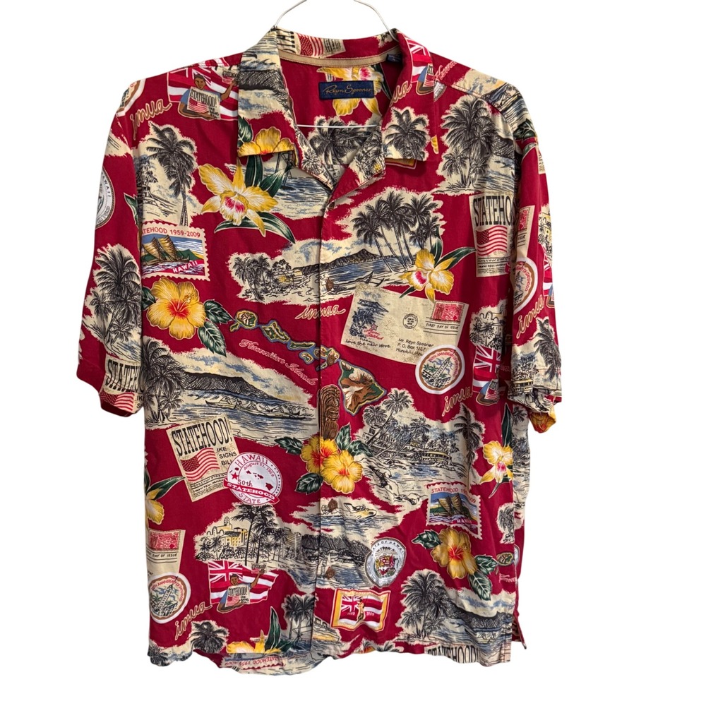 Reyn Spooner Hawaiian Shirt Mens Large Red 50th Statehood Anniversary Novelty